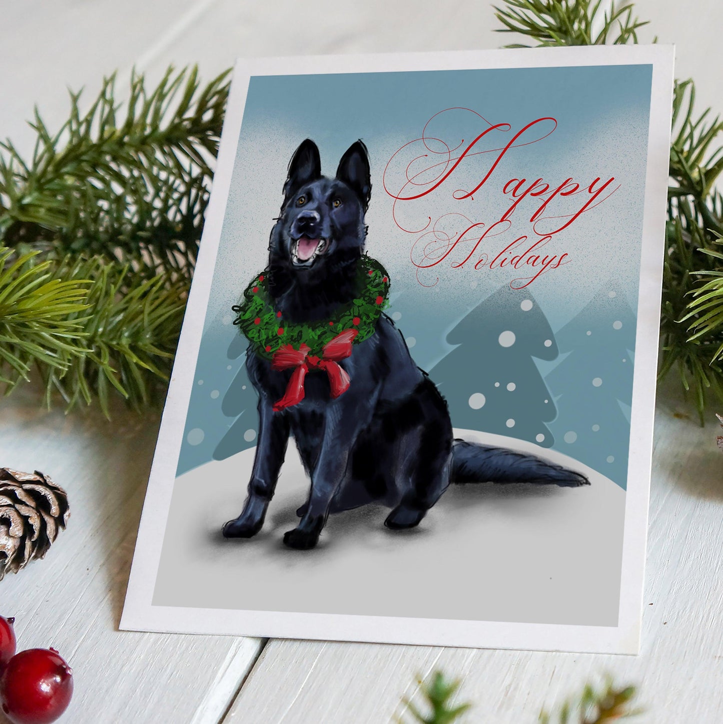 Black German Shepherd with wreath around neck chiristmas cards