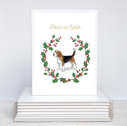 beagle in festive holiday wreath with words Peace on Earth