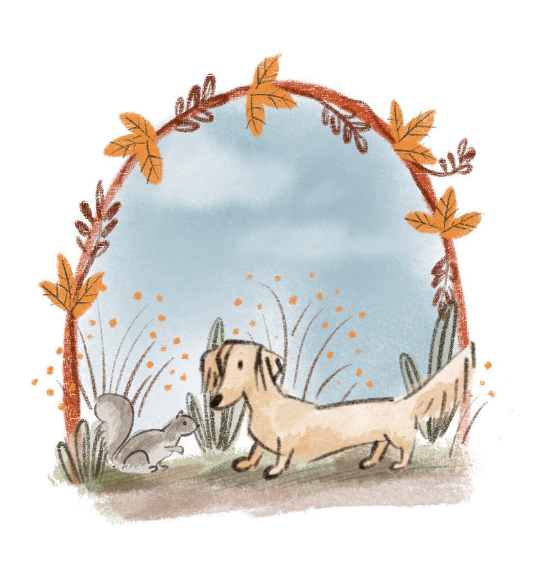 A watercolor-style illustration of a light tan dachshund standing under an autumn leaf arch, with a small gray squirrel at the left and a soft blue sky in the background.