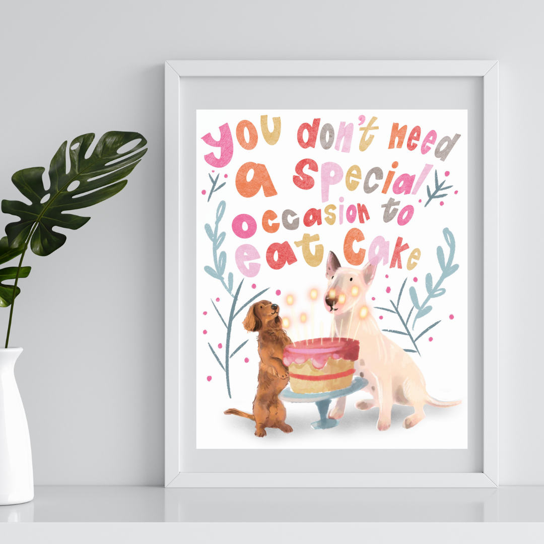 8x10 print of our hand illustrated dachshund and bull terrier eating cake