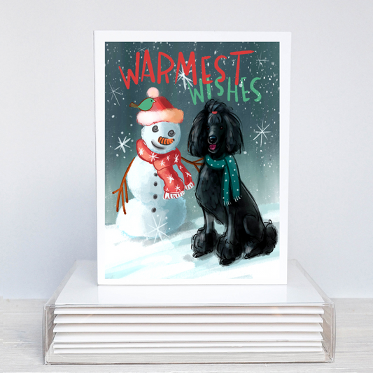 Standard Poodle Holiday Card | Spoo and Snowman Christmas Card | Black Poodle Holiday Card