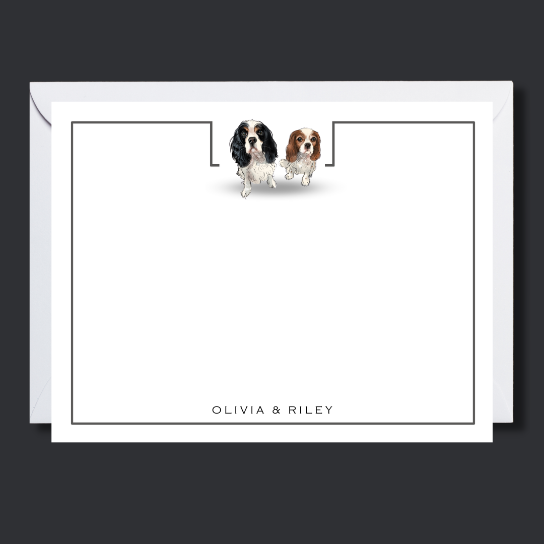 charcoal border custom dog note cards with cavalier King Charles spaniels