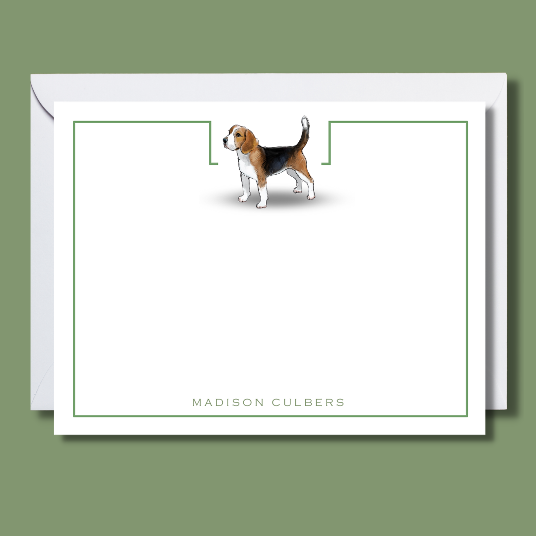 sage border custom note cards with beagle
