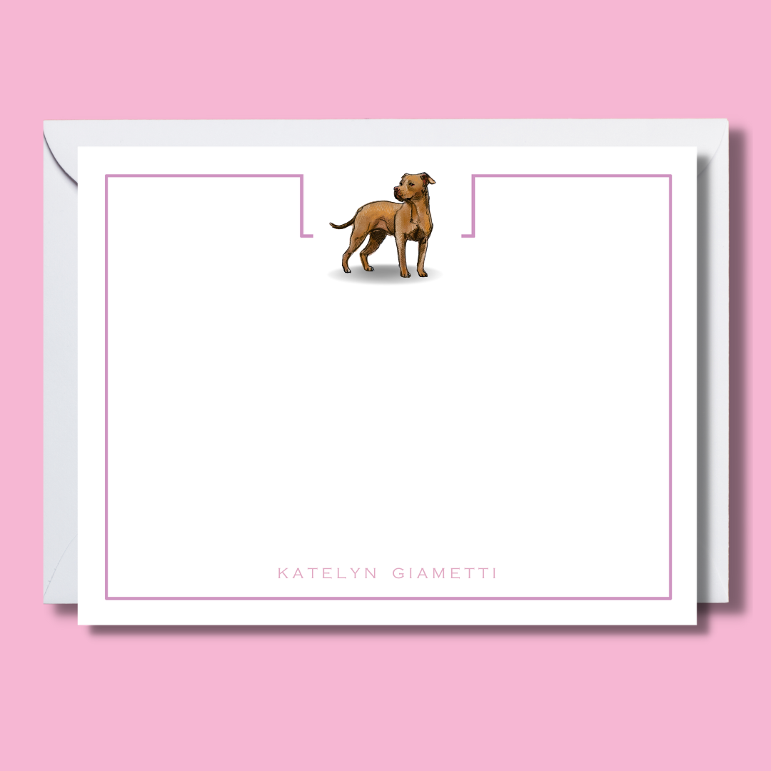 custom dog note cards with pink border and pit bull terrier