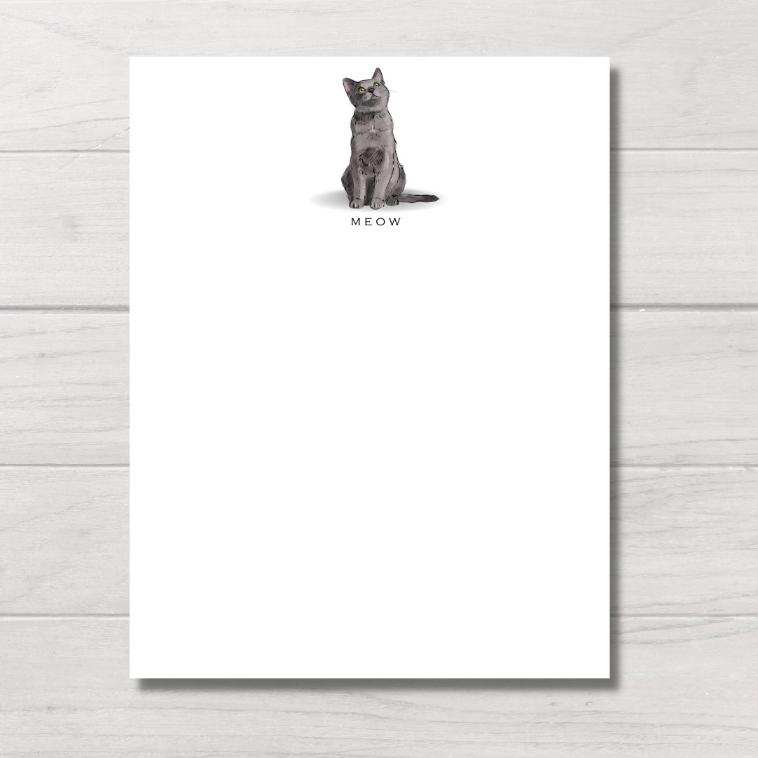 Grey cat note cards with cute cat and custom text printed on quality card stock