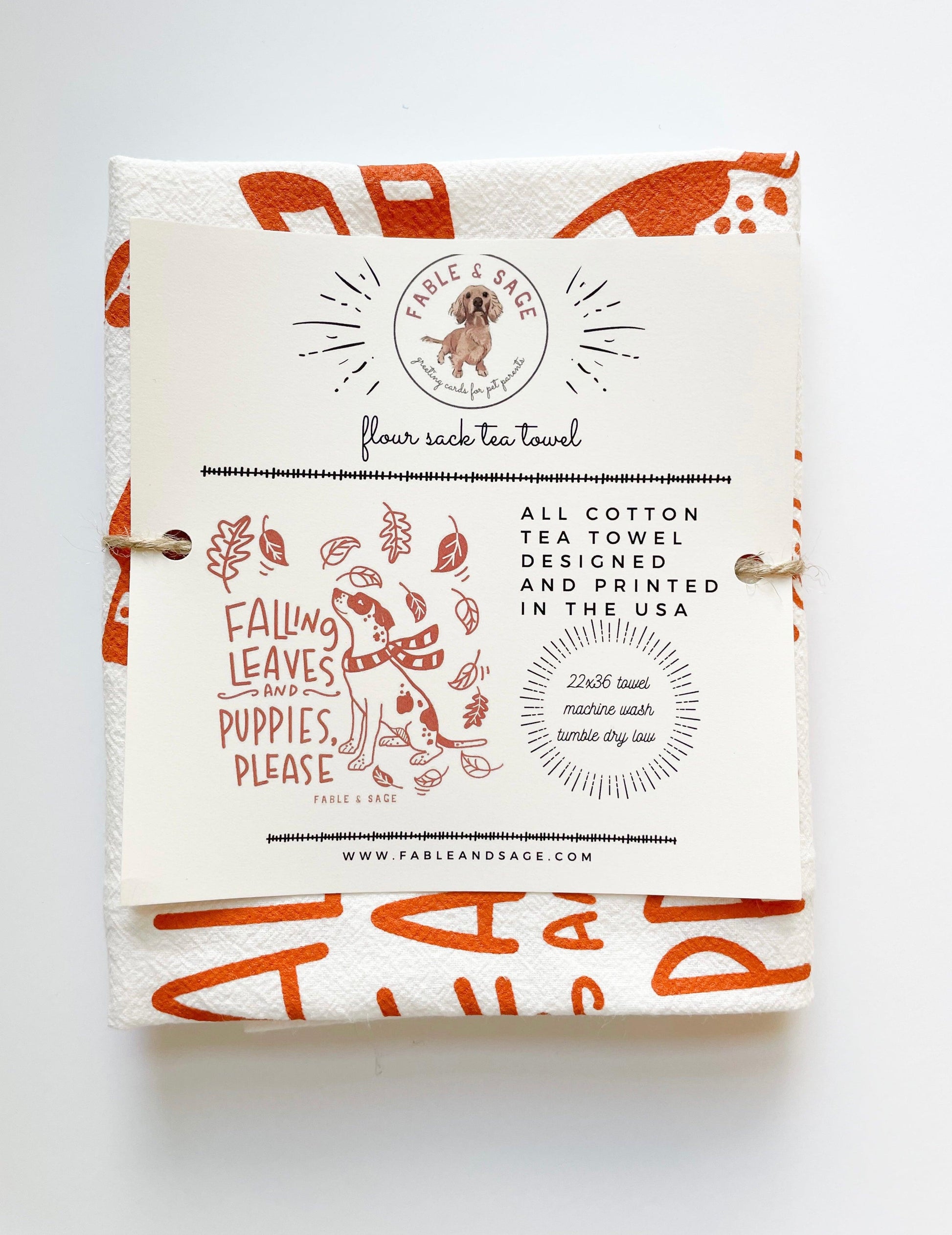 hand printed fall puppy themed kitchen towel