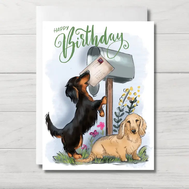 Dachshund birthday card with two dachshunds putting a card into a mailbox