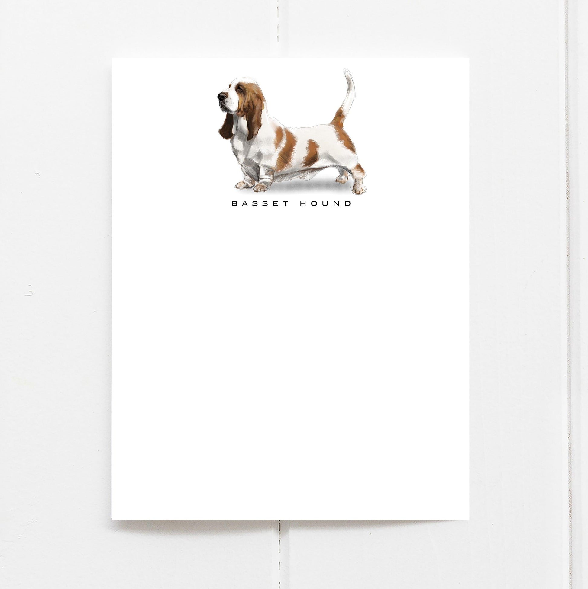 hand drawn basset hound note card with breed name printed below the drawing