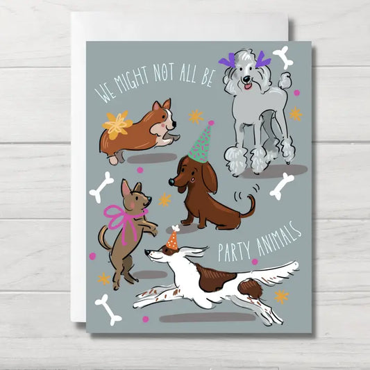 birthday card with an illustrated  medley of dogs in party hats and ribbons