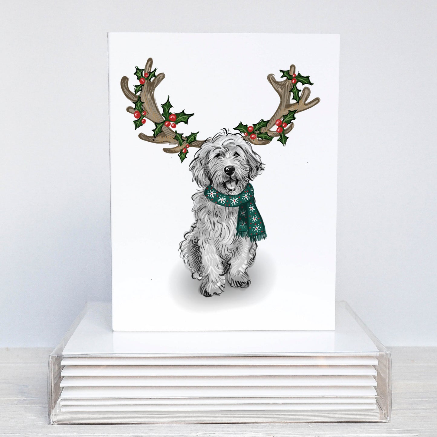 cute doodle dog as reindeer christmas card