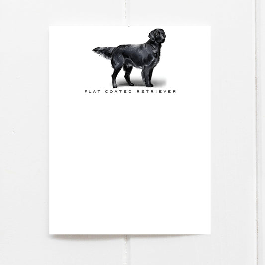 flat coated retriever note card with hand drawn dog and breed name printed below 