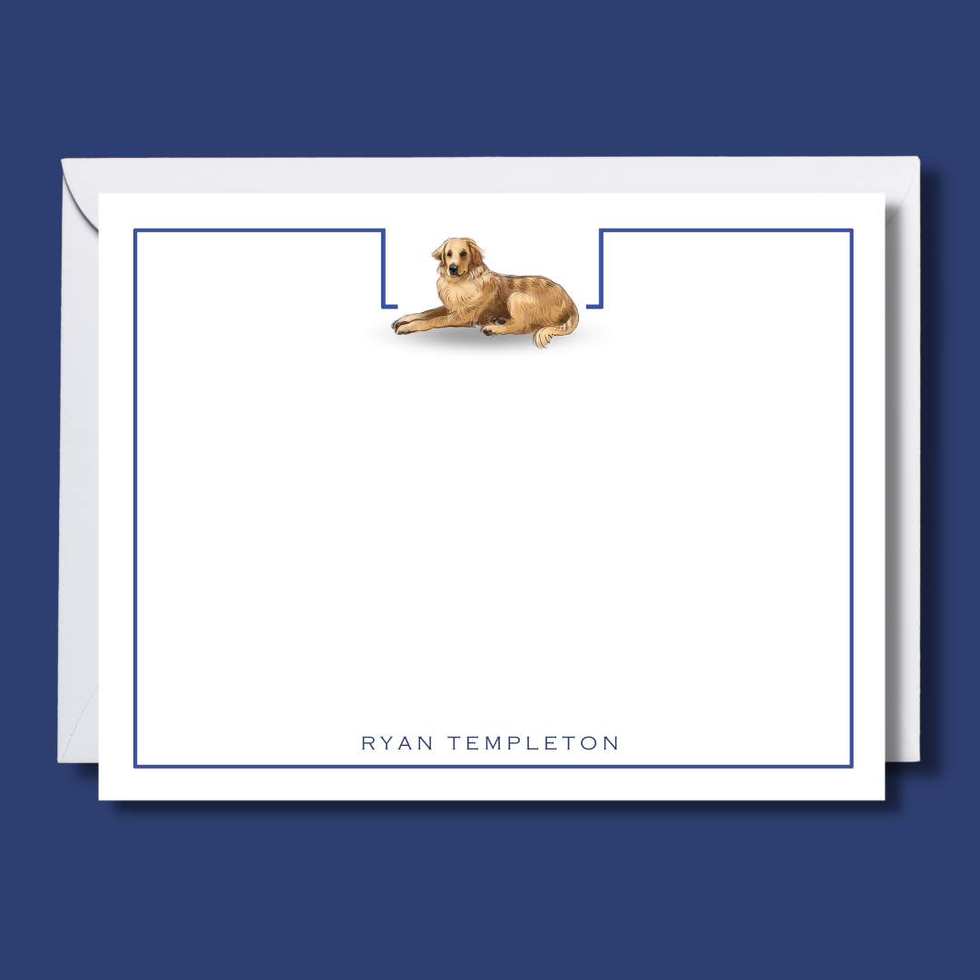 custom dog note cards with indigo border and golden retriever